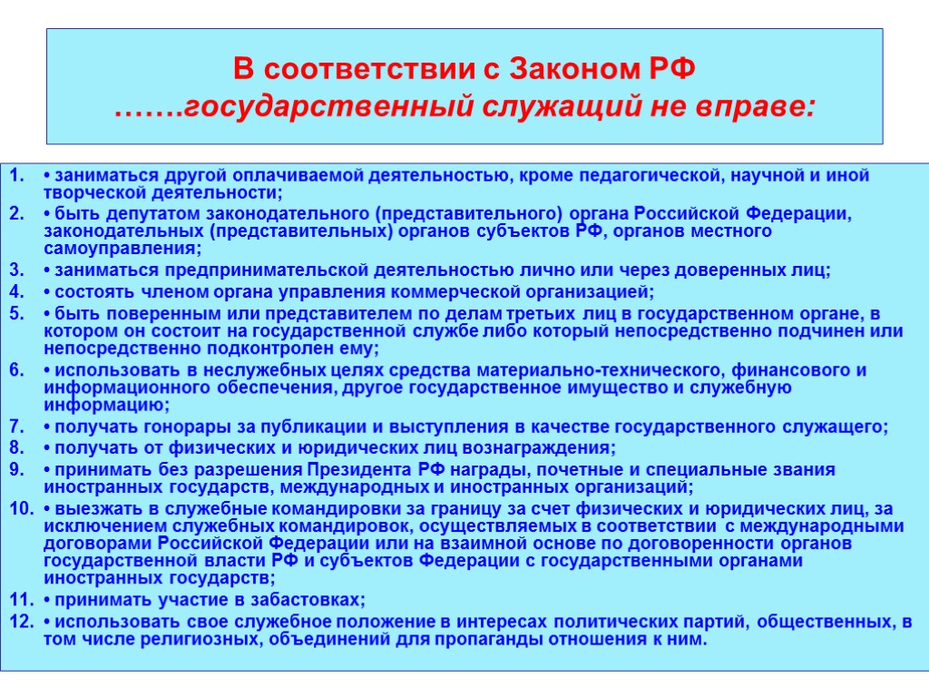 В соответствии с Законом РФ …….государственный служащий не вправе: • заниматься другой оплачиваемой деятельностью,